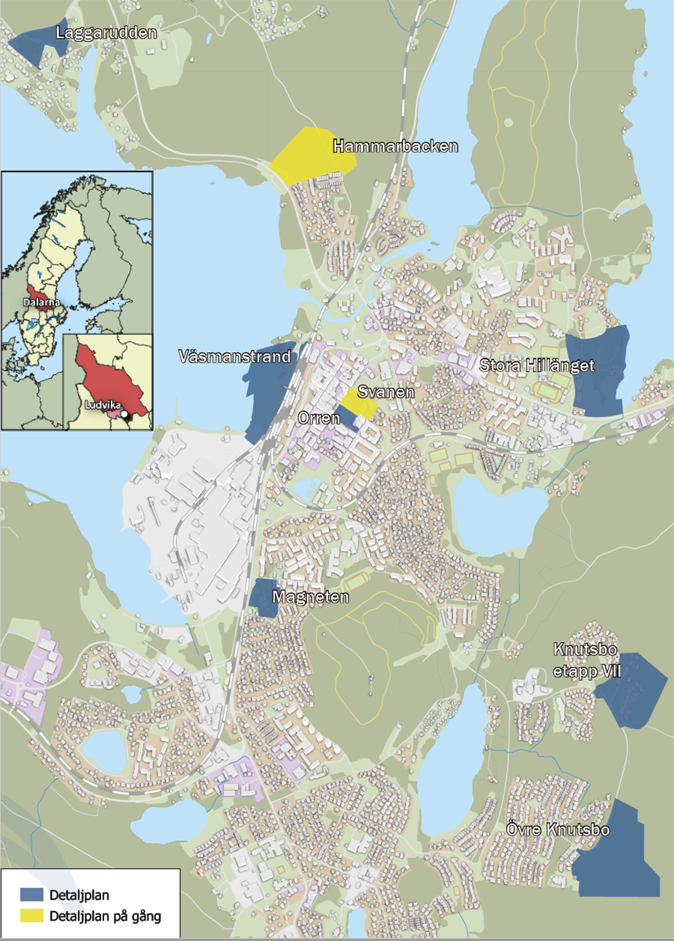 Karta över Ludvika med markerade exploateringsområden.