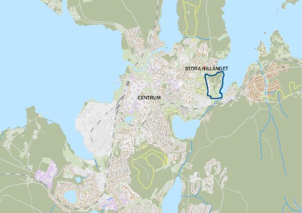 Karta över Ludvika där Stora Hillänget är markerat.