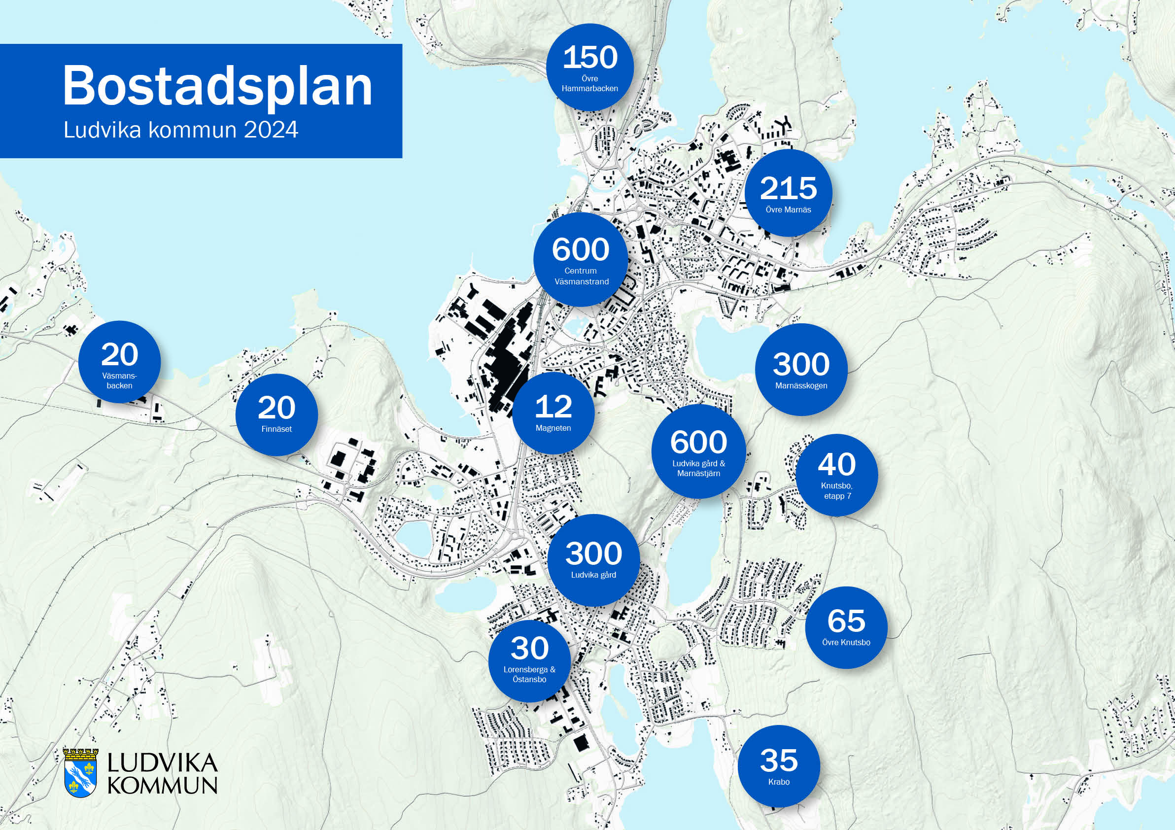 Karta över Ludvika tätort som visar antal planerade bostäder