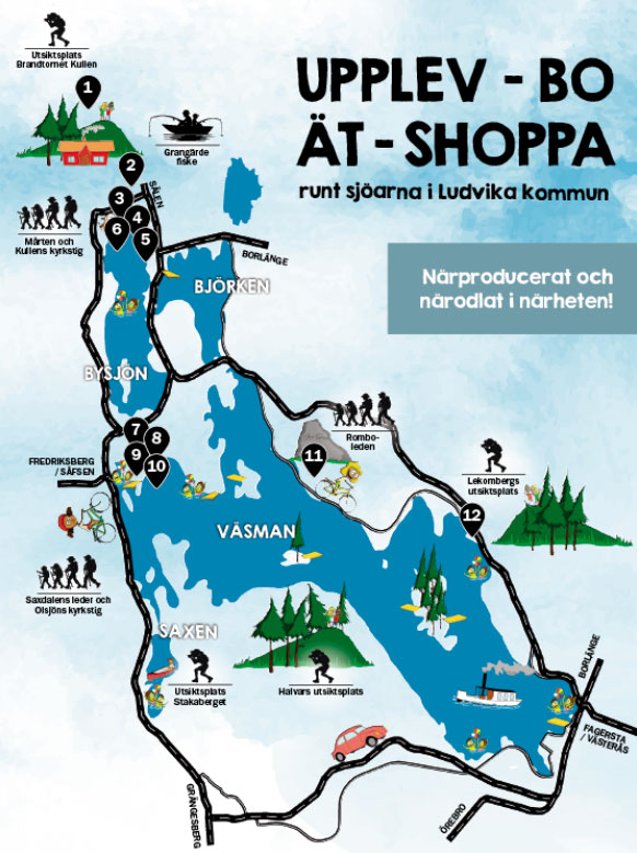 Karta med tips på upplevelser, bo, äta och shoppa kring de största sjöarna i Ludvika kommun. 