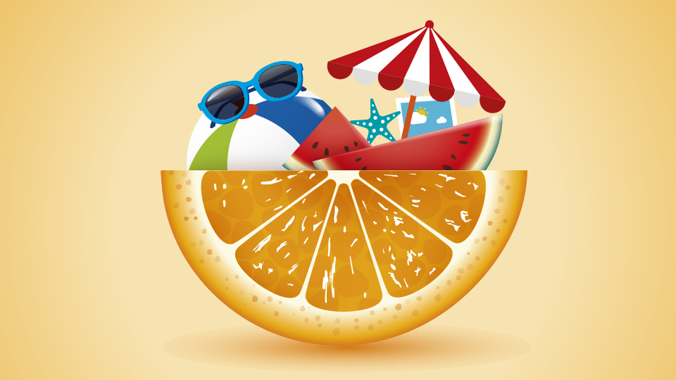 Bild på frukt, badboll, solglasögon.
